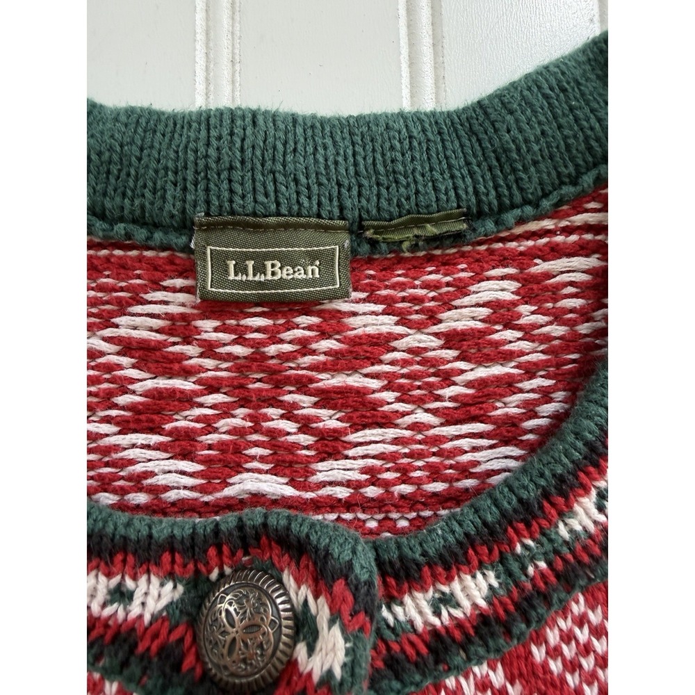 LL‎ Bean Womens Sweater L XL Red Fair Isle Nordic 1/4 Button Cotton Heavy - Picture 3 of 10